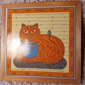 Ceramic and Wood Cat Trivet Wall Hanging